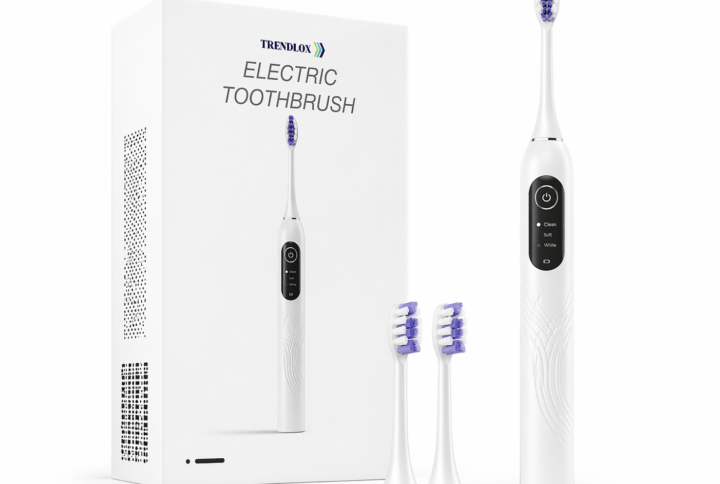 Electric toothbrush with purple bristled head and two replacement heads beside a white TRENDLOX box  TR17 Conductive gel  Microcurrent  Radiofrequency gel   trendloxcom