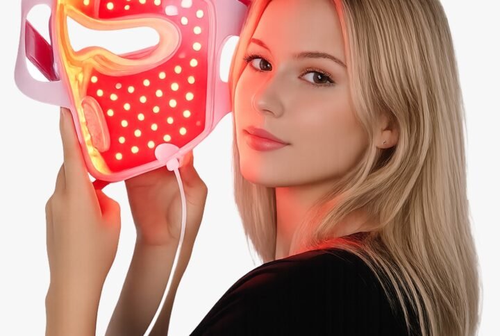 Young woman holds a red LED face mask near her cheek smiling slightly The mask glows red with numerous lights for facial therapy  Does LED Light Therapy Actually Work What UK Salons and Clinics Need to Know in 2026   trendloxcom